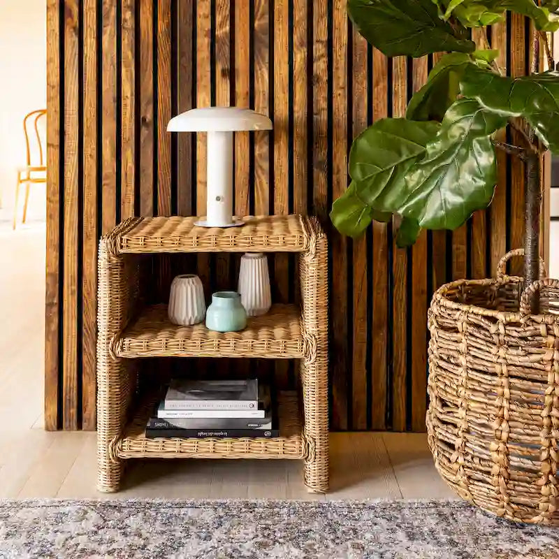 Table d'appoint à 3 niveaux en rotin marron et bois de manguier – Simple