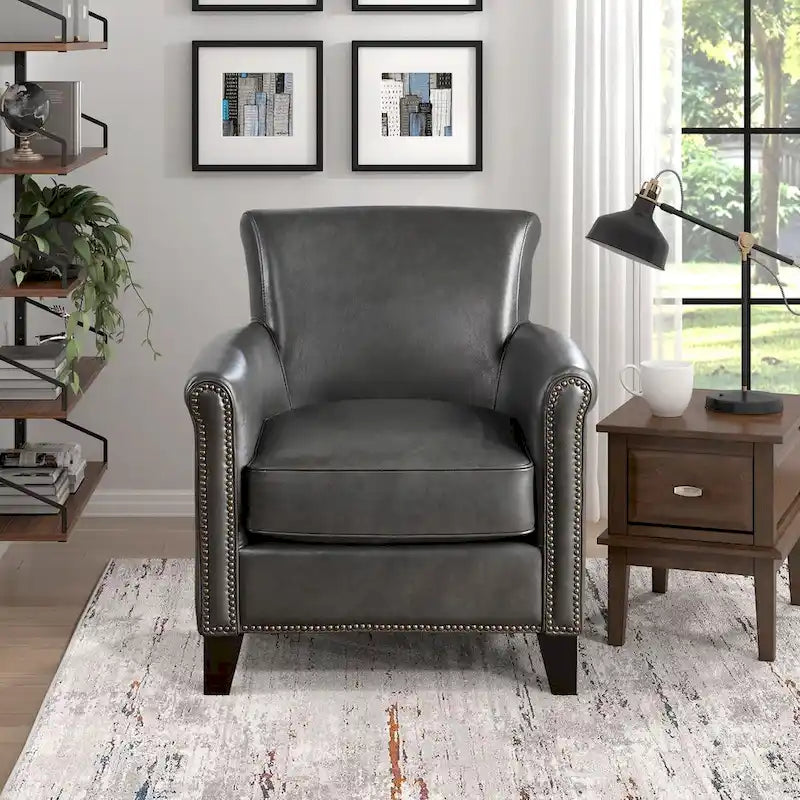 Fauteuil d'appoint en cuir pleine fleur marron/gris avec clous décoratifs – Unité