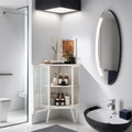 Meuble d'angle bas à porte unique en fer et verre trempé, blanc/noir, avec 2 étagères de rangement – Simple