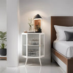 Meuble d'angle bas à porte unique en fer et verre trempé, blanc/noir, avec 2 étagères de rangement – Simple