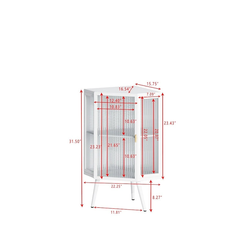 Meuble d'angle bas à porte unique en fer et verre trempé, blanc/noir, avec 2 étagères de rangement – Simple