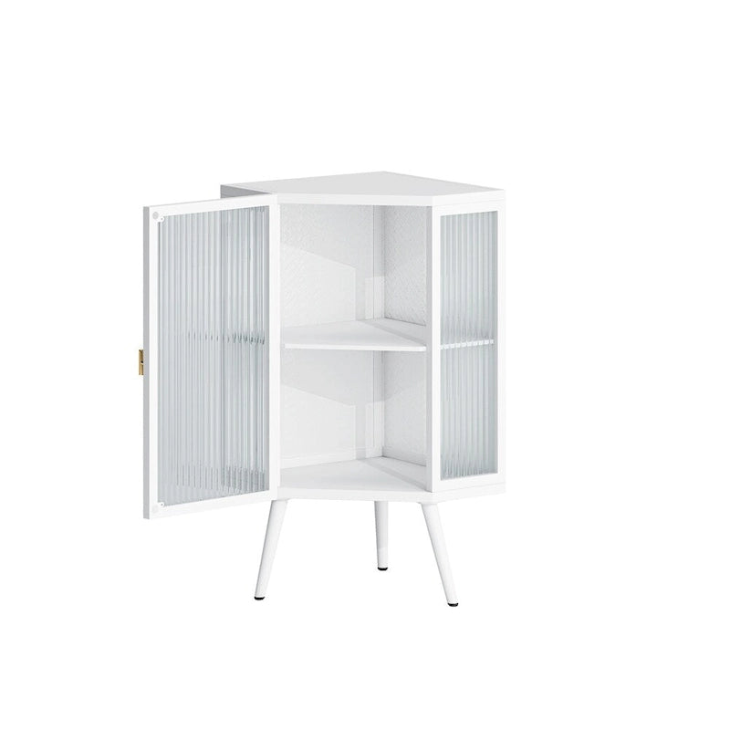 Meuble d'angle bas à porte unique en fer et verre trempé, blanc/noir, avec 2 étagères de rangement – Simple