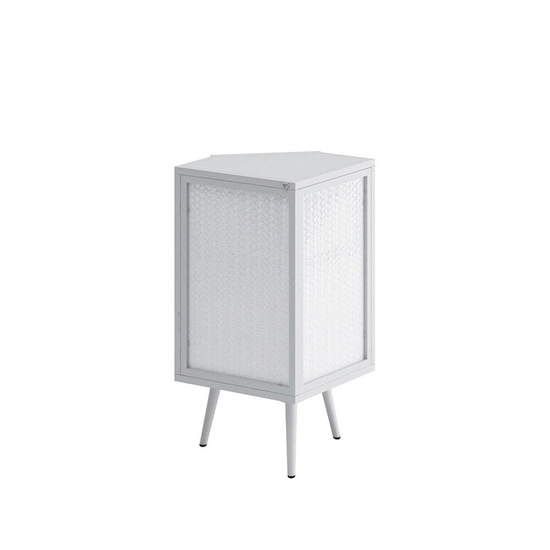 Meuble d'angle bas à porte unique en fer et verre trempé, blanc/noir, avec 2 étagères de rangement – Simple