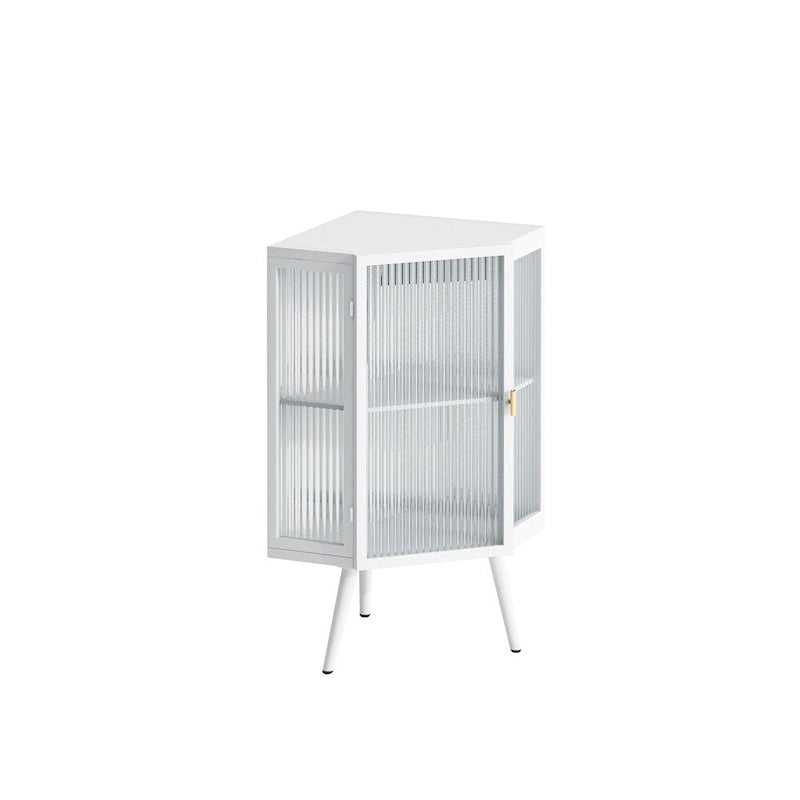 Meuble d'angle bas à porte unique en fer et verre trempé, blanc/noir, avec 2 étagères de rangement – Simple