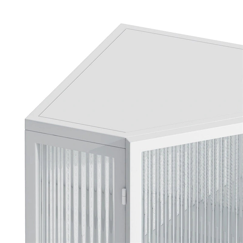 Meuble d'angle bas à porte unique en fer et verre trempé, blanc/noir, avec 2 étagères de rangement – Simple