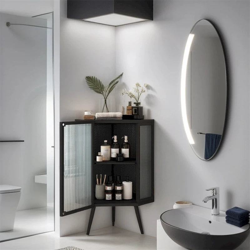 Meuble d'angle bas à porte unique en fer et verre trempé, blanc/noir, avec 2 étagères de rangement – Simple