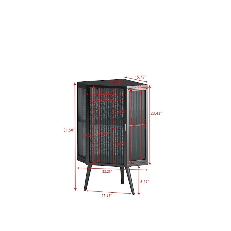 Meuble d'angle bas à porte unique en fer et verre trempé, blanc/noir, avec 2 étagères de rangement – Simple