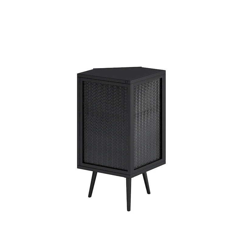 Meuble d'angle bas à porte unique en fer et verre trempé, blanc/noir, avec 2 étagères de rangement – Simple