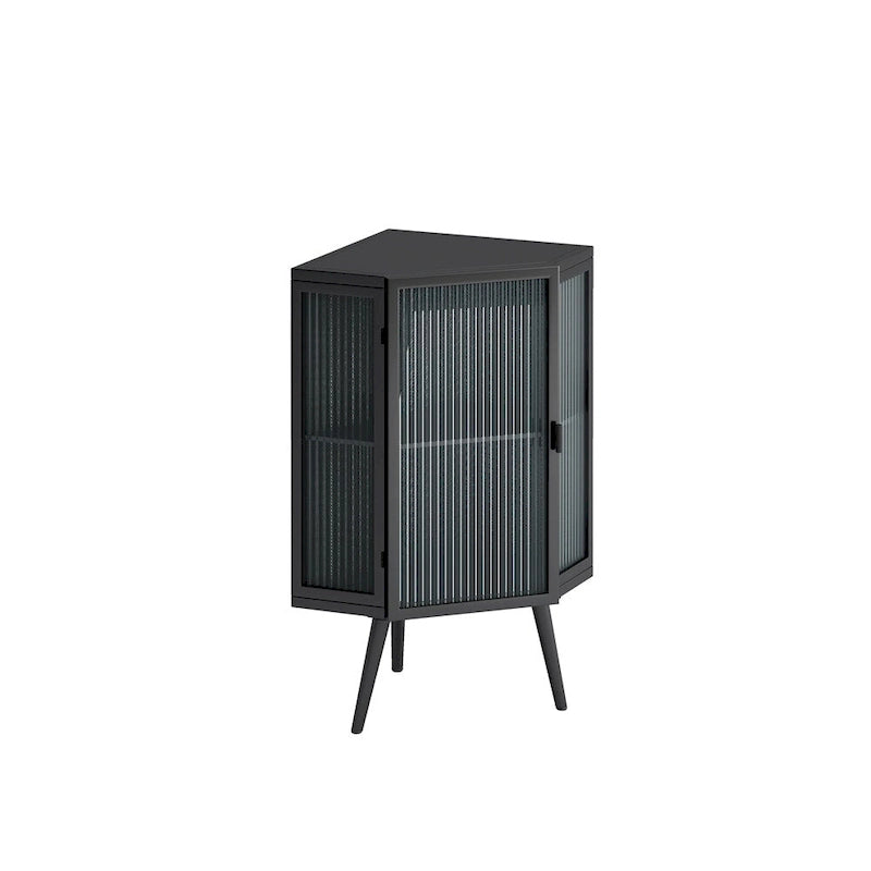 Meuble d'angle bas à porte unique en fer et verre trempé, blanc/noir, avec 2 étagères de rangement – Simple