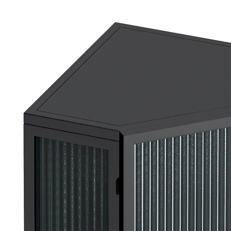 Meuble d'angle bas à porte unique en fer et verre trempé, blanc/noir, avec 2 étagères de rangement – Simple