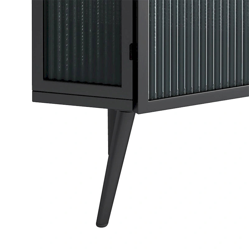 Meuble d'angle bas à porte unique en fer et verre trempé, blanc/noir, avec 2 étagères de rangement – Simple