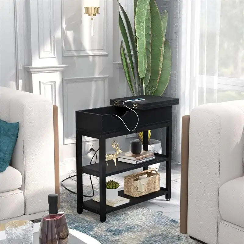 Table d'appoint industrielle marron rustique / noire / chêne noir avec station de charge, tiroir et étagère à 2 niveaux - Simple