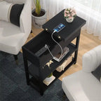Table d'appoint industrielle marron rustique / noire / chêne noir avec station de charge, tiroir et étagère à 2 niveaux - Simple