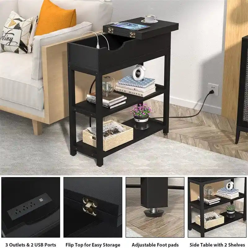 Table d'appoint industrielle marron rustique / noire / chêne noir avec station de charge, tiroir et étagère à 2 niveaux - Simple