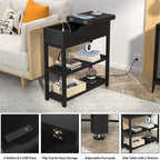 Table d'appoint industrielle marron rustique / noire / chêne noir avec station de charge, tiroir et étagère à 2 niveaux - Simple