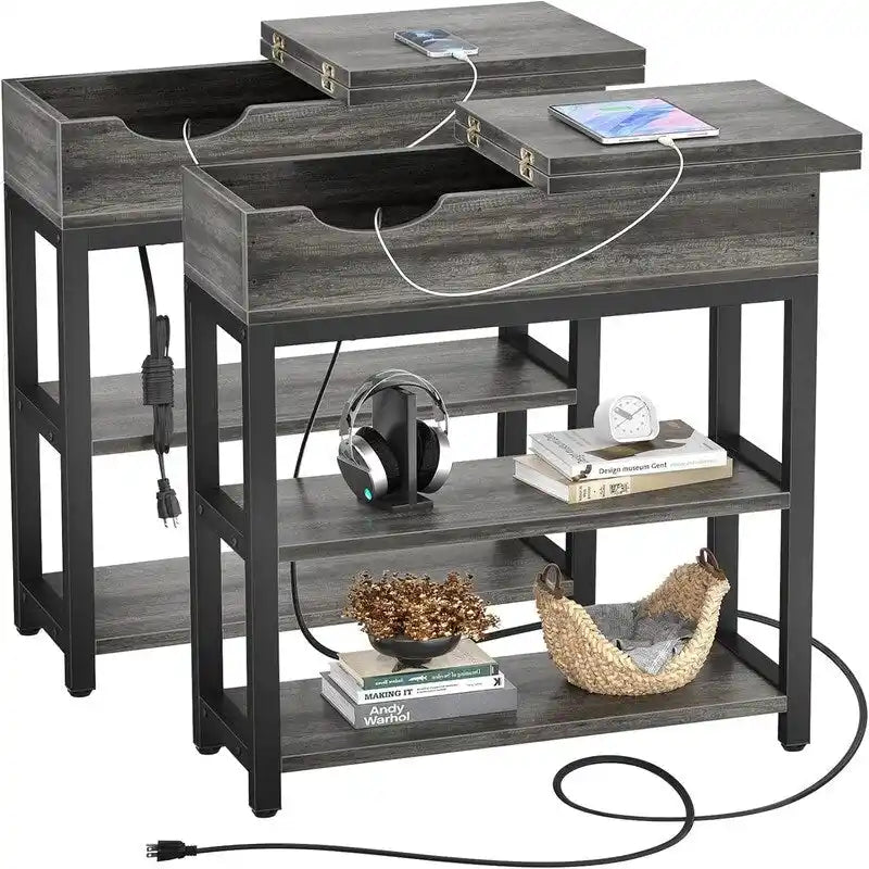 Table d'appoint industrielle marron rustique / noire / chêne noir avec station de charge, tiroir et étagère à 2 niveaux - Simple