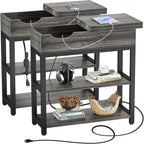 Table d'appoint industrielle marron rustique / noire / chêne noir avec station de charge, tiroir et étagère à 2 niveaux - Simple