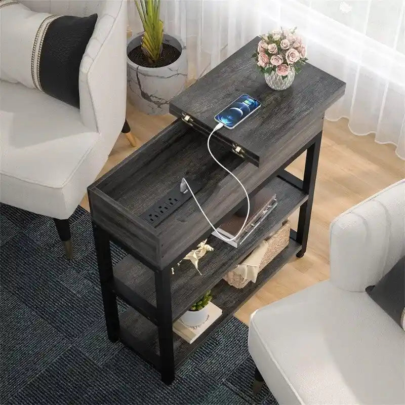 Table d'appoint industrielle marron rustique / noire / chêne noir avec station de charge, tiroir et étagère à 2 niveaux - Simple