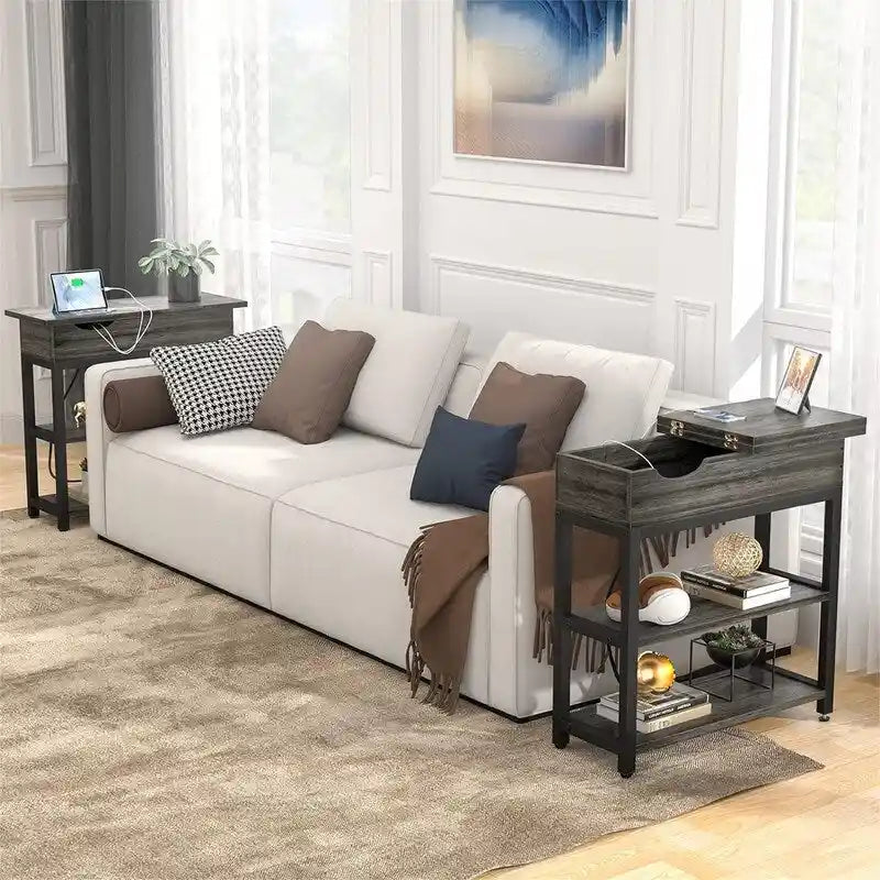 Table d'appoint industrielle marron rustique / noire / chêne noir avec station de charge, tiroir et étagère à 2 niveaux - Simple