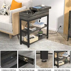 Table d'appoint industrielle marron rustique / noire / chêne noir avec station de charge, tiroir et étagère à 2 niveaux - Simple