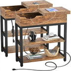 Table d'appoint industrielle marron rustique / noire / chêne noir avec station de charge, tiroir et étagère à 2 niveaux - Simple
