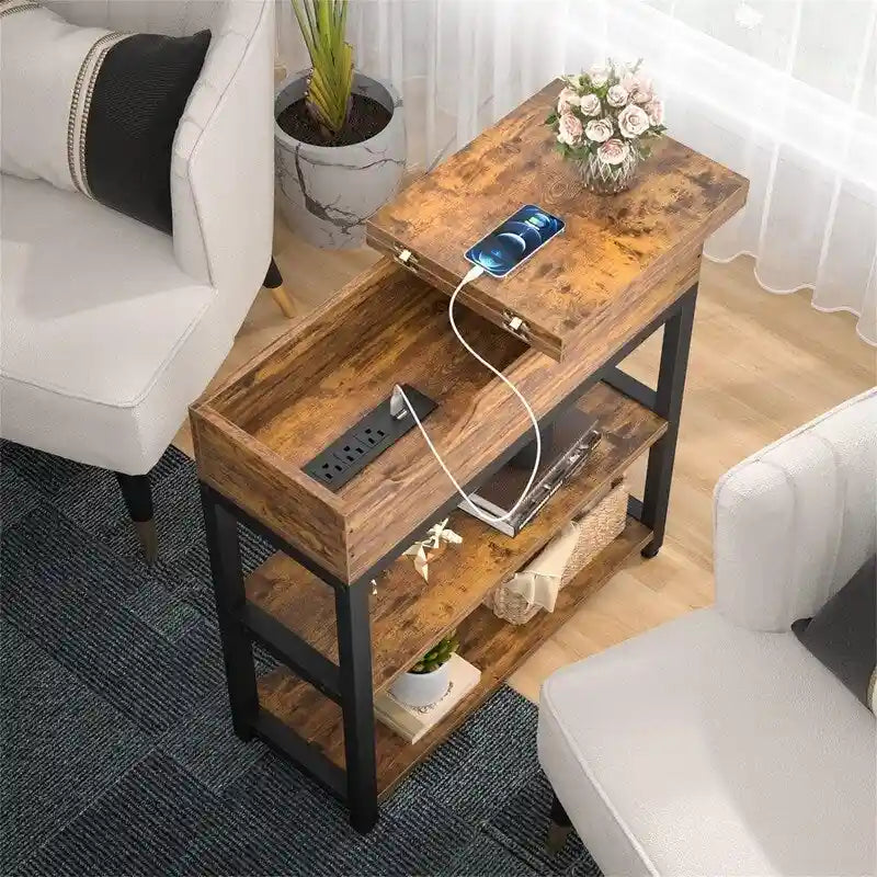 Table d'appoint industrielle marron rustique / noire / chêne noir avec station de charge, tiroir et étagère à 2 niveaux - Simple