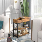 Table d'appoint industrielle marron rustique / noire / chêne noir avec station de charge, tiroir et étagère à 2 niveaux - Simple