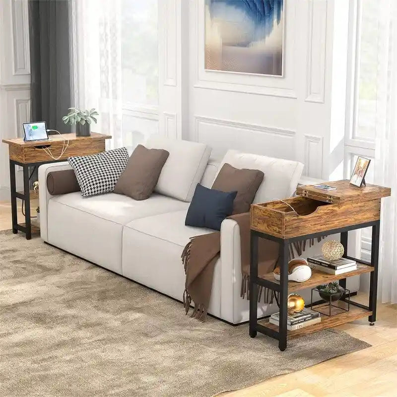 Table d'appoint industrielle marron rustique / noire / chêne noir avec station de charge, tiroir et étagère à 2 niveaux - Simple