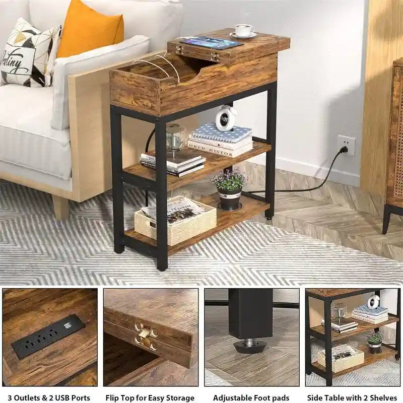 Table d'appoint industrielle marron rustique / noire / chêne noir avec station de charge, tiroir et étagère à 2 niveaux - Simple