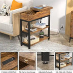 Table d'appoint industrielle marron rustique / noire / chêne noir avec station de charge, tiroir et étagère à 2 niveaux - Simple