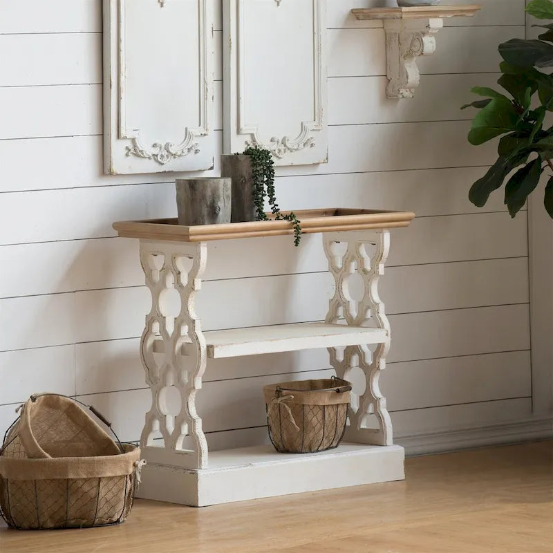 Console 3 niveaux blanche antique avec plateau amovible, pour 1 personne