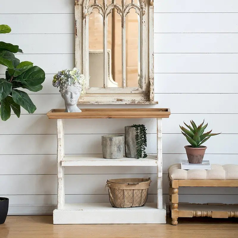 Console 3 niveaux blanche antique avec plateau amovible, pour 1 personne