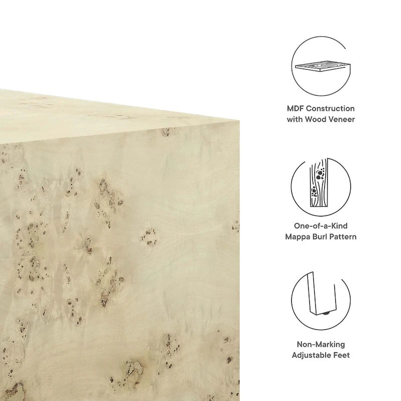 Table basse carrée en placage de loupe de Mappa blanchi/naturel avec pieds réglables – Individuel