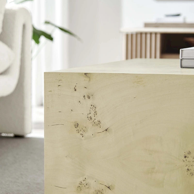 Table basse carrée en placage de loupe de Mappa blanchi/naturel avec pieds réglables – Individuel