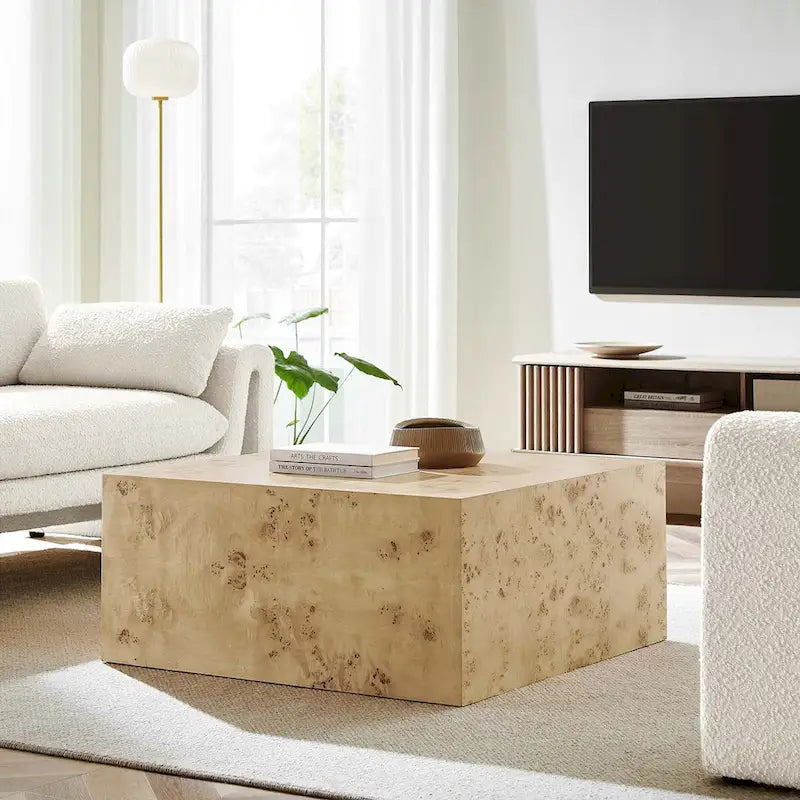 Table basse carrée en placage de loupe de Mappa blanchi/naturel avec pieds réglables – Individuel