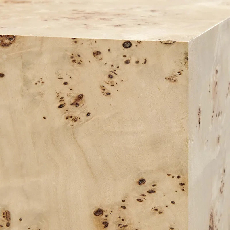 Table basse carrée en placage de loupe de Mappa blanchi/naturel avec pieds réglables – Individuel