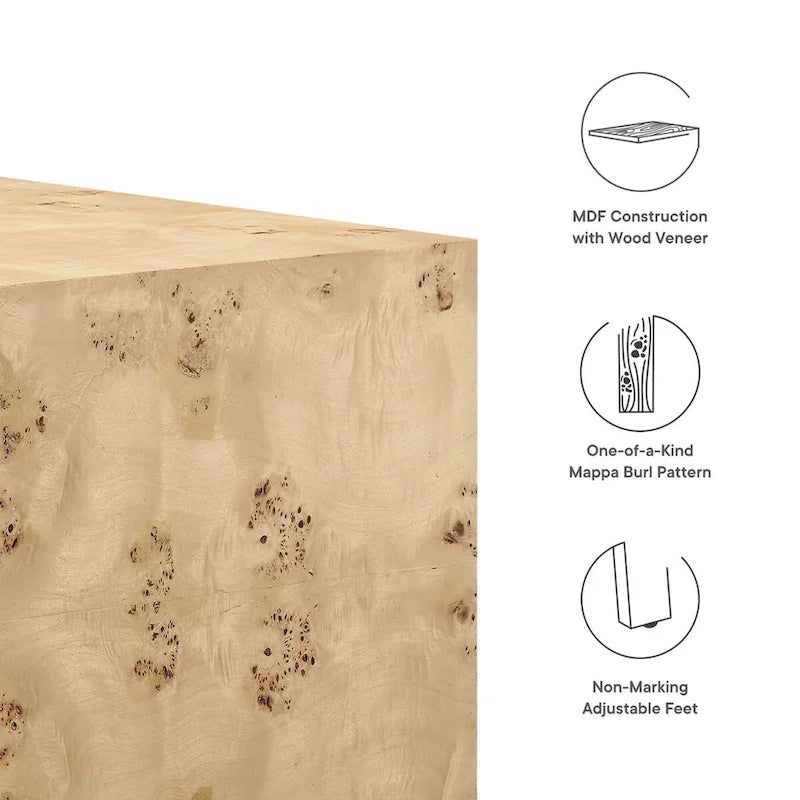 Table basse carrée en placage de loupe de Mappa blanchi/naturel avec pieds réglables – Individuel