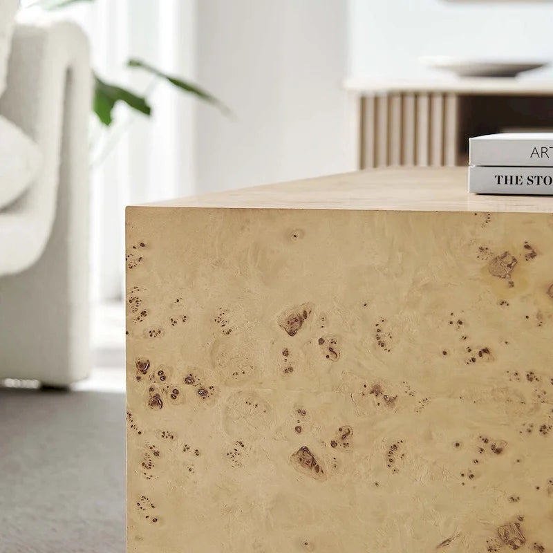 Table basse carrée en placage de loupe de Mappa blanchi/naturel avec pieds réglables – Individuel