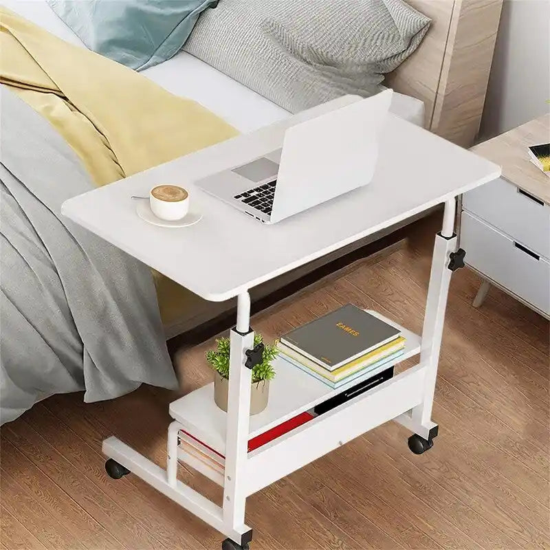 Bureau informatique mobile blanc avec étagères de rangement et roulettes verrouillables – Simple