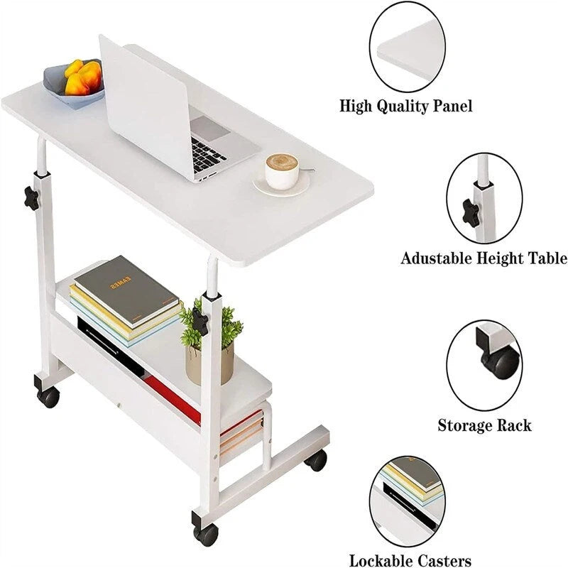 Bureau informatique mobile blanc avec étagères de rangement et roulettes verrouillables – Simple