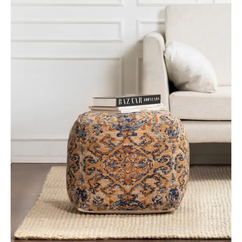 Pouf ottoman jacquard carré orange et bleu – Simple