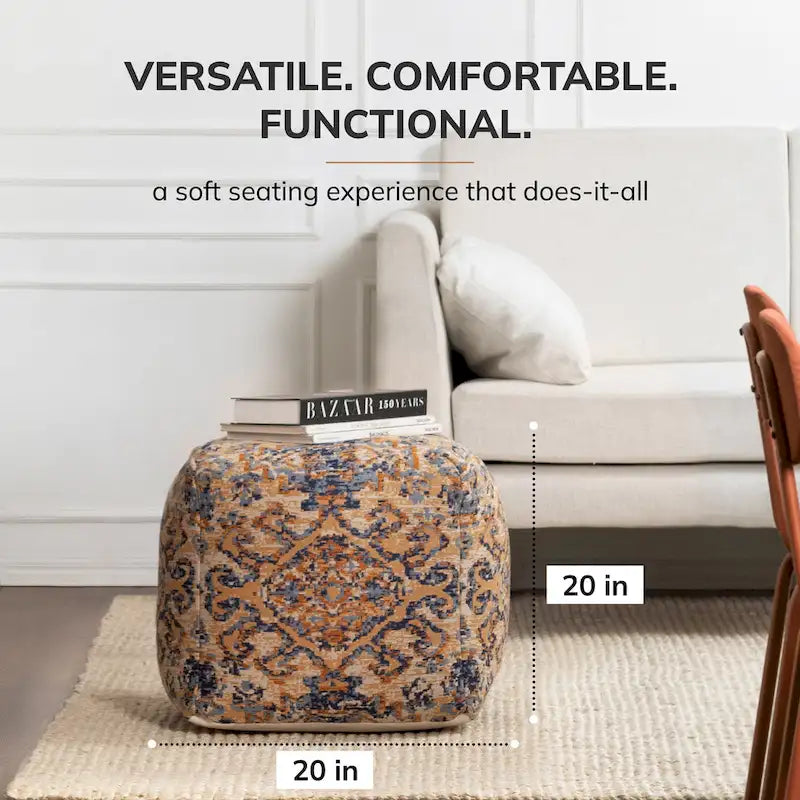 Pouf ottoman jacquard carré orange et bleu – Simple
