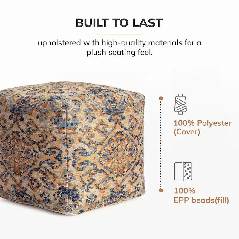 Pouf ottoman jacquard carré orange et bleu – Simple