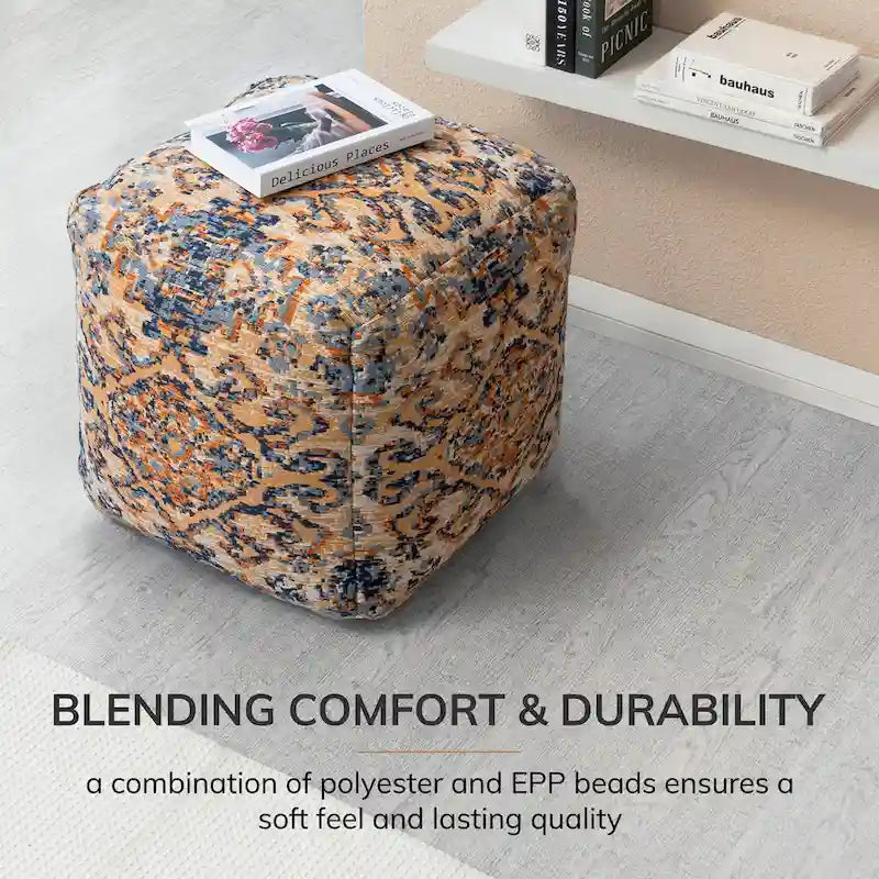 Pouf ottoman jacquard carré orange et bleu – Simple
