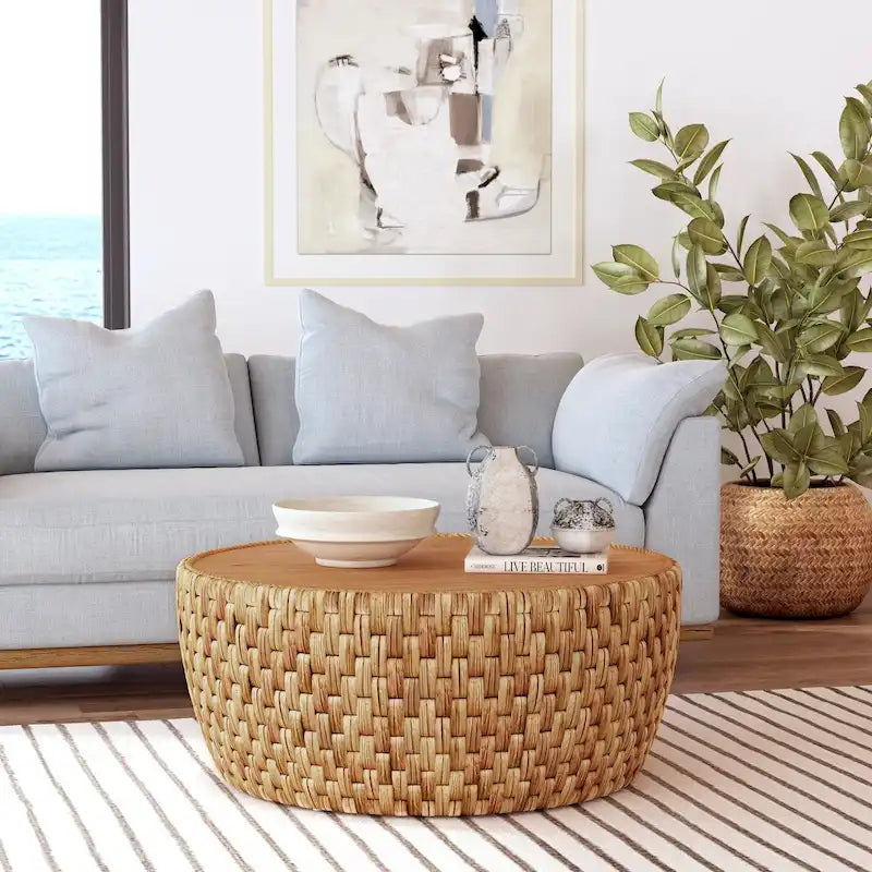 Table basse ronde tambour en rotin naturel et jacinthe d'eau avec plateau en placage de mindi – Simple