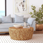Table basse ronde tambour en rotin naturel et jacinthe d'eau avec plateau en placage de mindi – Simple