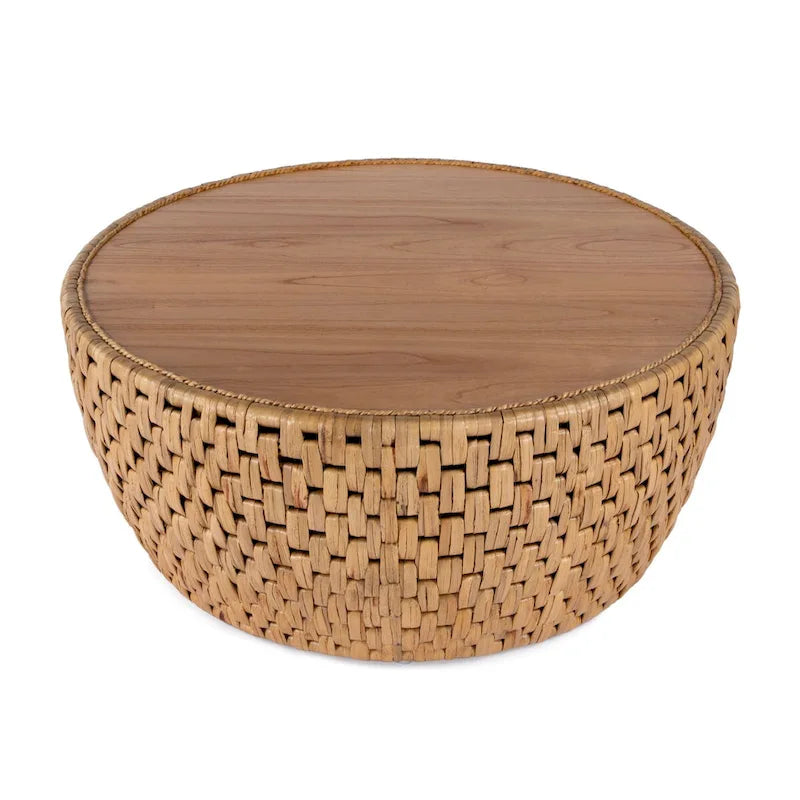 Table basse ronde tambour en rotin naturel et jacinthe d'eau avec plateau en placage de mindi – Simple