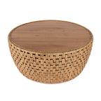 Table basse ronde tambour en rotin naturel et jacinthe d'eau avec plateau en placage de mindi – Simple