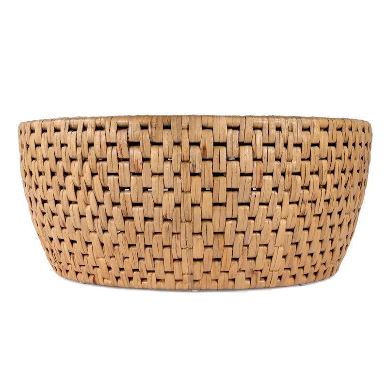 Table basse ronde tambour en rotin naturel et jacinthe d'eau avec plateau en placage de mindi – Simple