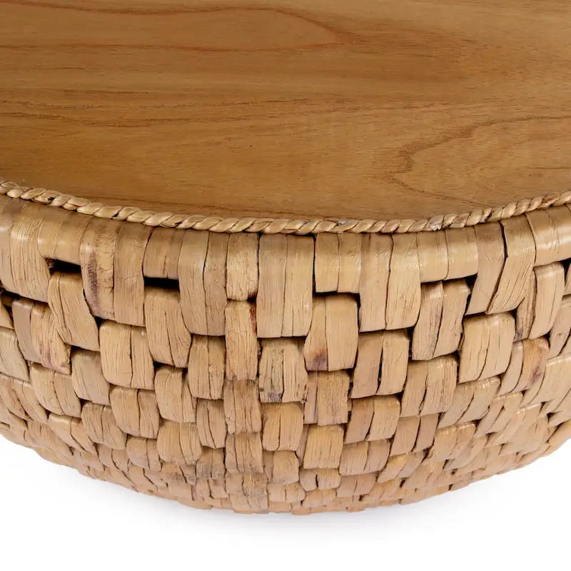 Table basse ronde tambour en rotin naturel et jacinthe d'eau avec plateau en placage de mindi – Simple